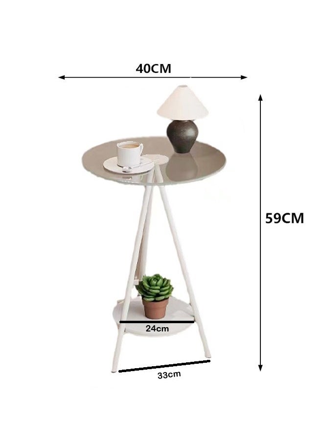 fashionhome - 2-Tiers Modern Design End Table Round Side Table with Tempered Glass Top and Metal Legs Small Accent Table Snack Tray Table for Living Room Bedroom 40x59 cm - Image 1
