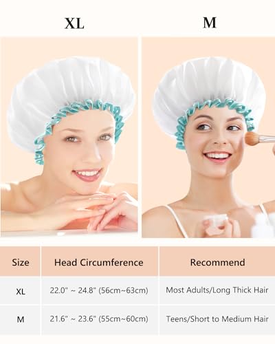 mikimini Shower Cap for Women and Girls,Reusable,Waterproof, Washable, Cute and Soft,White - Image 2