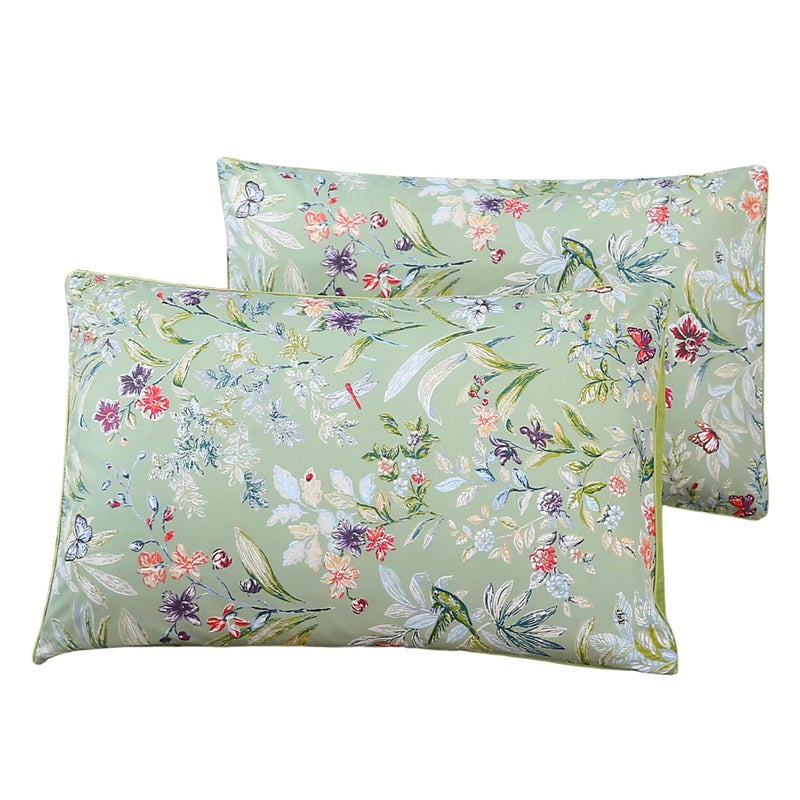 WINLIFE 100 Cotton Pillowcases Queen Size Sage Green Garden Floral  Butterflies Printed Pillow Cover 2 Pack Soft Smooth Cool Envelope Closure Pillow Case Set Queen 20x30