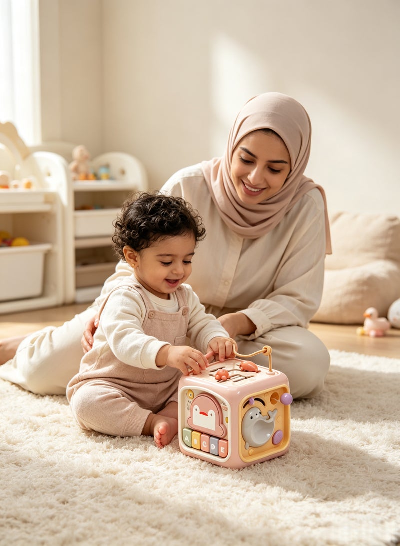لعبة لوح الأنشطة للأطفال، مكعب الأنشطة للأطفال، 6 في 1، لعبة تعليمية مبكرة للأطفال، ألعاب مونتيسوري للأطفال فوق عمر سنة واحدة، ألعاب حسية للأطفال، تنمية المهارات اليدوية، مهارات حركية دقيقة، مكعب أنشطة 6 في 1 هدية للأولاد والبنات (وردي) - Image 3