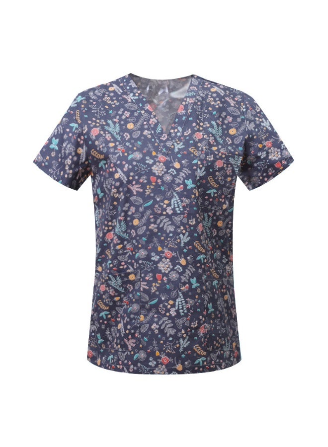 Loquat Womens Medical Scrubs Single Top Medical Uniform Single Printed Top Leaf Print on Blue Background - Image 1