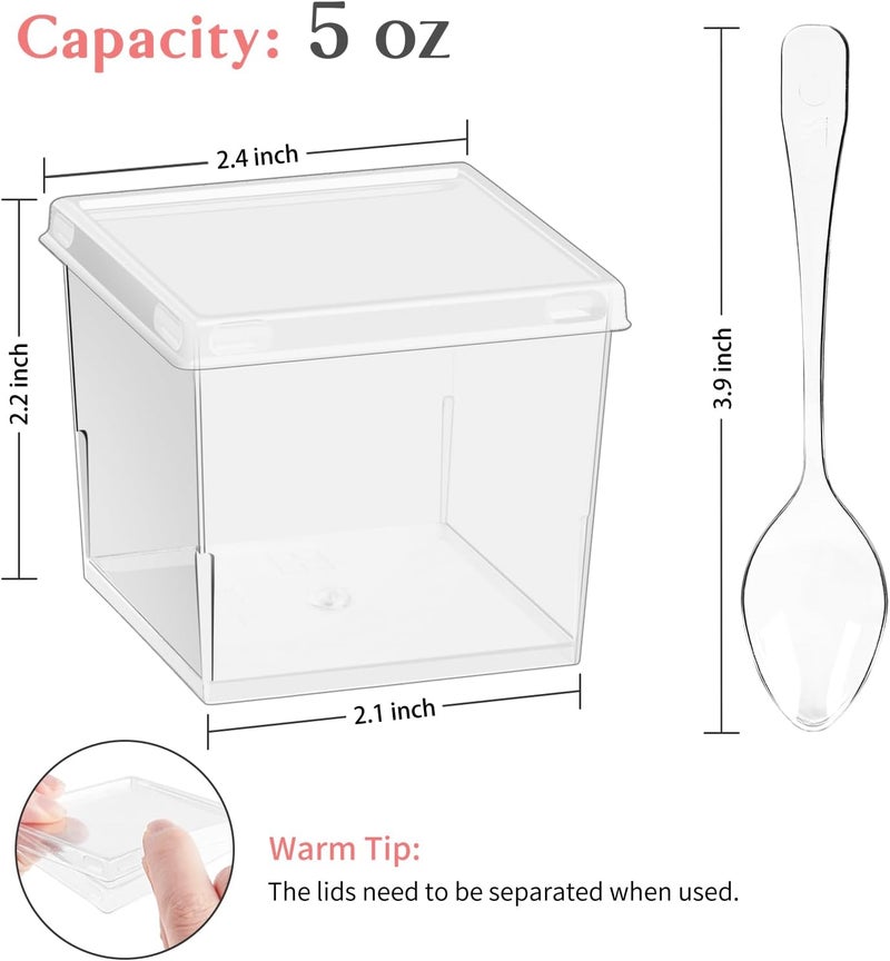 Qeirudu 5 oz Square Dessert Cups with Lids and Spoons 50 Pack Mini Plastic Dessert Cups Small Serving Cups for Pudding Mousse Yogurt Parfait Appetizers Fruit - Image 2