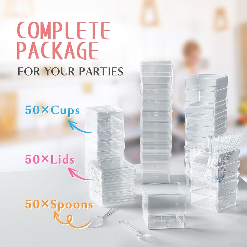 Qeirudu 5 oz Square Dessert Cups with Lids and Spoons 50 Pack Mini Plastic Dessert Cups Small Serving Cups for Pudding Mousse Yogurt Parfait Appetizers Fruit - Image 3