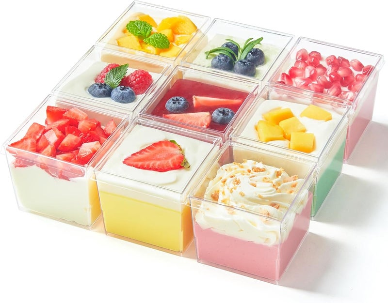Qeirudu 5 oz Square Dessert Cups with Lids and Spoons 50 Pack Mini Plastic Dessert Cups Small Serving Cups for Pudding Mousse Yogurt Parfait Appetizers Fruit - Image 1