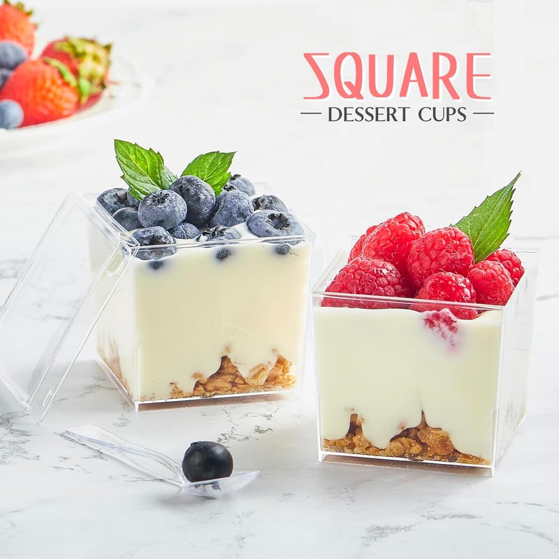 Qeirudu 5 oz Square Dessert Cups with Lids and Spoons 50 Pack Mini Plastic Dessert Cups Small Serving Cups for Pudding Mousse Yogurt Parfait Appetizers Fruit - Image 4