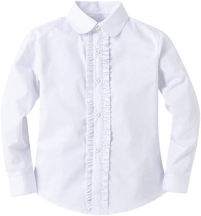 Bienzoe Girls Shirt Long Sleeve: White Button Up Kids School Uniform Cotton Oxford Collared Ruffle Dress Blouse - Image 1
