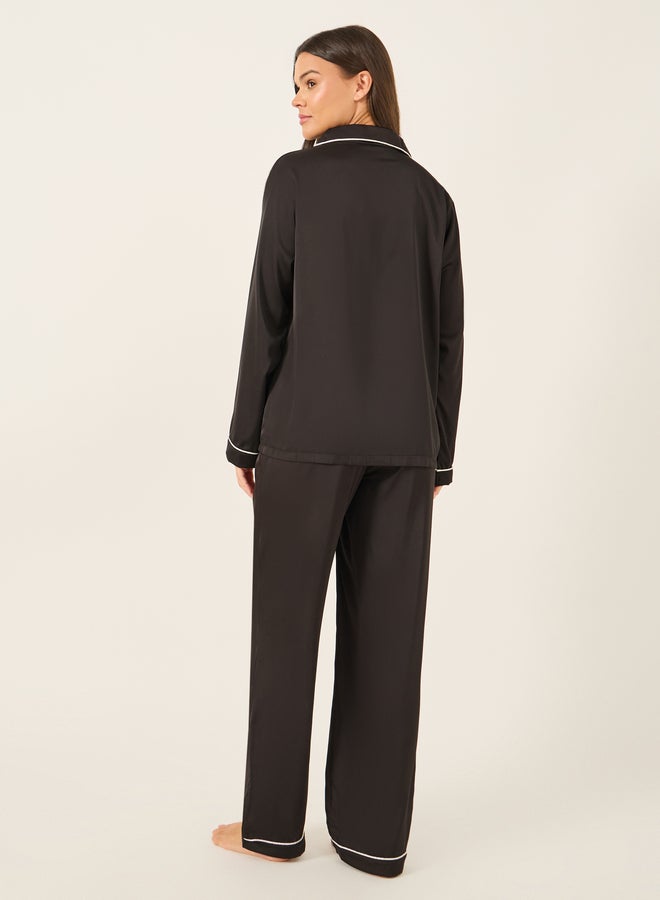 Styli Piped Detail Matte Satin Long Sleeve Pocket Shirt and Pyjama Set  - Image 4
