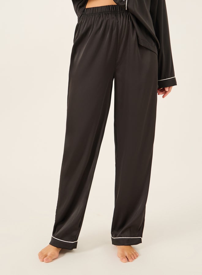Styli Piped Detail Matte Satin Long Sleeve Pocket Shirt and Pyjama Set  - Image 5