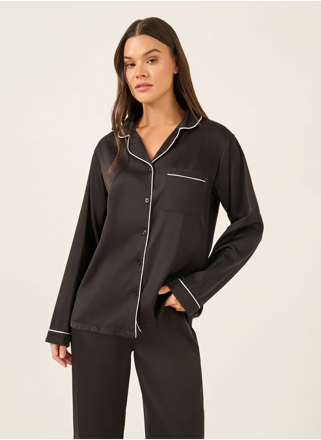 Styli Piped Detail Matte Satin Long Sleeve Pocket Shirt and Pyjama Set