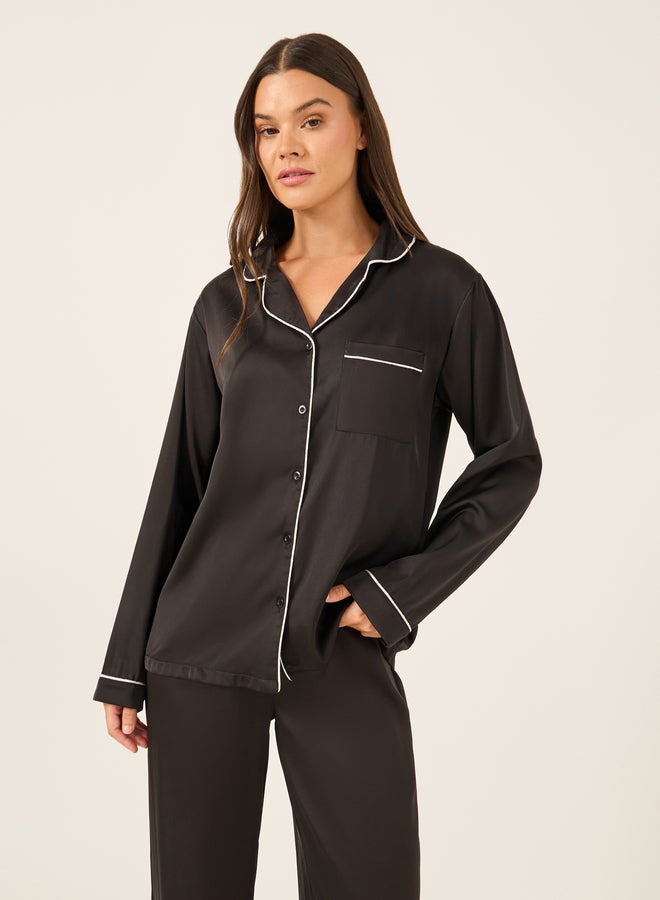 Styli Piped Detail Matte Satin Long Sleeve Pocket Shirt and Pyjama Set  - Image 2