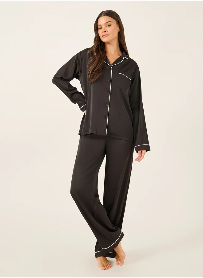 Styli Piped Detail Matte Satin Long Sleeve Pocket Shirt and Pyjama Set