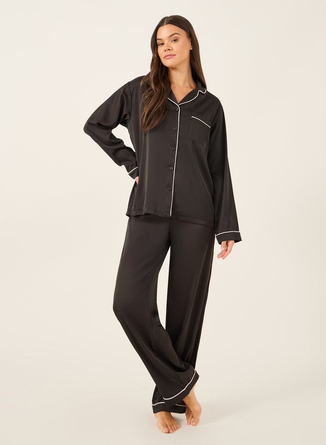 Styli Piped Detail Matte Satin Long Sleeve Pocket Shirt and Pyjama Set  - Image 1