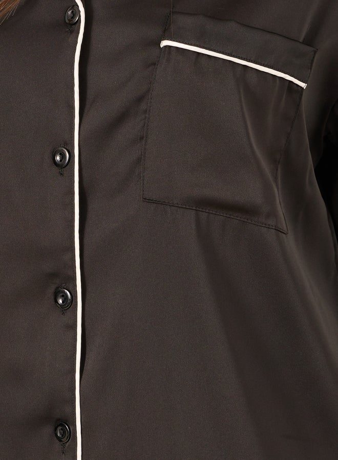 Styli Piped Detail Matte Satin Long Sleeve Pocket Shirt and Pyjama Set  - Image 3