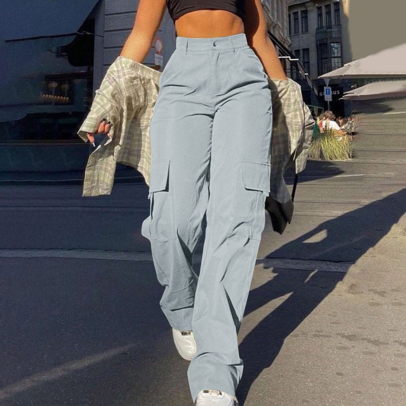 Women's Street Style Multi-Pocket Cargo Straight Leg Pants High Waist Loose Fit Trousers