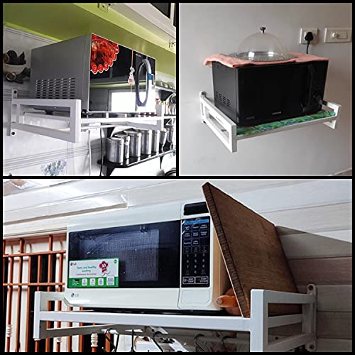 Livzing Microwave Oven Wall Mount Stand for Kitchen | Metal Holder Storage Rack | Wall Mount Microwave Oven Rack with 8 Hooks - White - Image 5