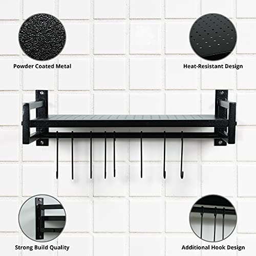 Livzing Microwave Oven Wall Mount Stand for Kitchen | Metal Holder Storage Rack | Wall Mount Microwave Oven Rack with 8 Hooks - White - Image 4