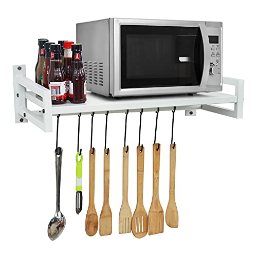 Livzing Microwave Oven Wall Mount Stand for Kitchen | Metal Holder Storage Rack | Wall Mount Microwave Oven Rack with 8 Hooks - White - Image 1