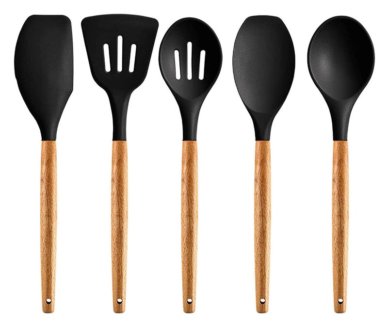 P plus fire Set of 5 Piece Silicone spatulas Cooking Utensil Set with Natural Acacia Hard Wood HandleWOODEN5APPLUS Black - Image 1