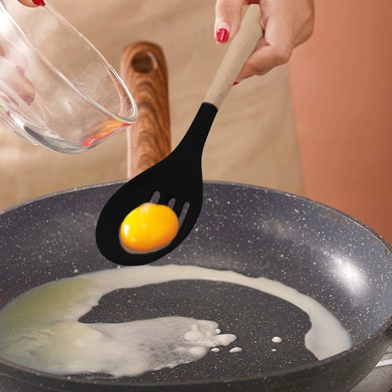 P plus fire Set of 5 Piece Silicone spatulas Cooking Utensil Set with Natural Acacia Hard Wood HandleWOODEN5APPLUS Black - Image 4