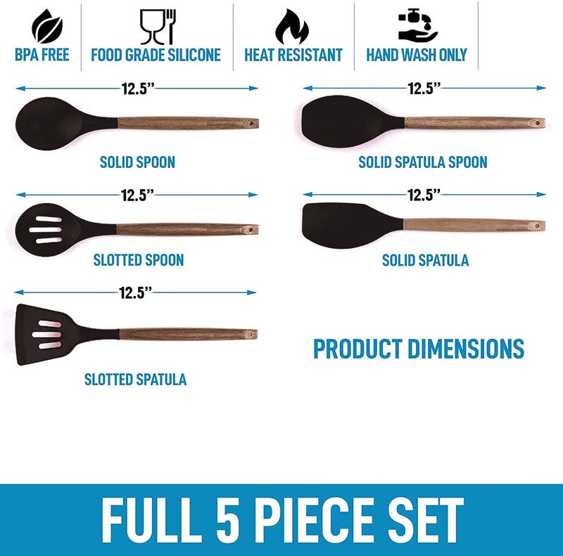 P plus fire Set of 5 Piece Silicone spatulas Cooking Utensil Set with Natural Acacia Hard Wood HandleWOODEN5APPLUS Black - Image 2