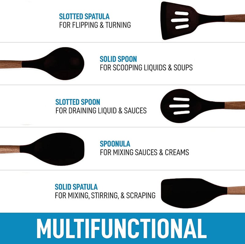P plus fire Set of 5 Piece Silicone spatulas Cooking Utensil Set with Natural Acacia Hard Wood HandleWOODEN5APPLUS Black - Image 3