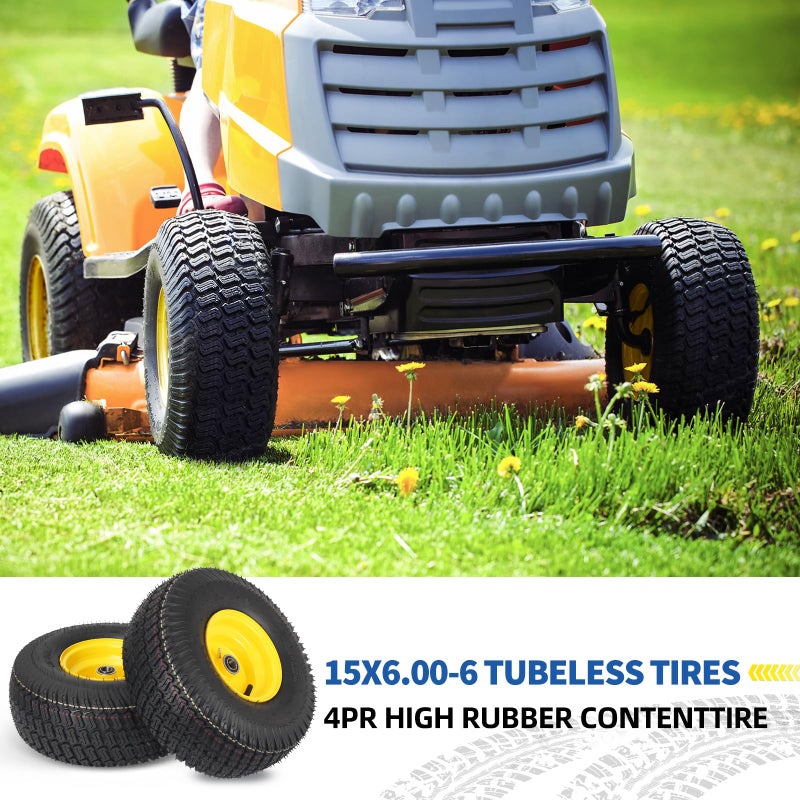 GICOOL (2 Pack) 15x6.00-6 Tubeless Tire and Wheel, 3" Offset Hub, 3/4" Bearing, 4 Ply, 15x6-6 Replacement Riding Lawn Mower Front Tires, Compatible with 100 and 300 Series John Deere Riding Mowers - Image 3