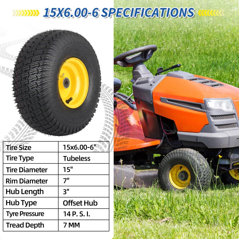 GICOOL (2 Pack) 15x6.00-6 Tubeless Tire and Wheel, 3" Offset Hub, 3/4" Bearing, 4 Ply, 15x6-6 Replacement Riding Lawn Mower Front Tires, Compatible with 100 and 300 Series John Deere Riding Mowers - Image 5