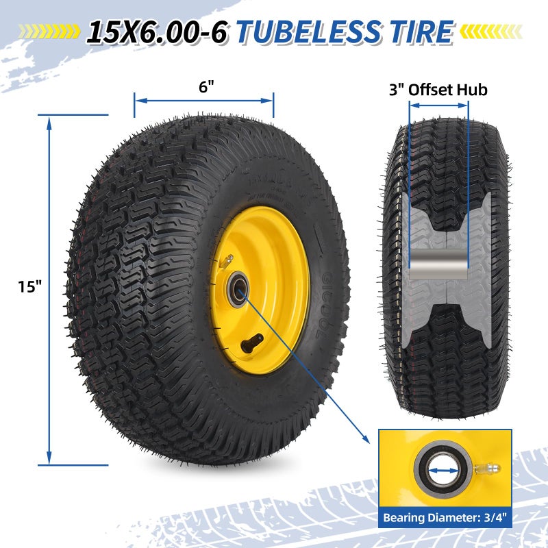 GICOOL (2 Pack) 15x6.00-6 Tubeless Tire and Wheel, 3" Offset Hub, 3/4" Bearing, 4 Ply, 15x6-6 Replacement Riding Lawn Mower Front Tires, Compatible with 100 and 300 Series John Deere Riding Mowers - Image 2