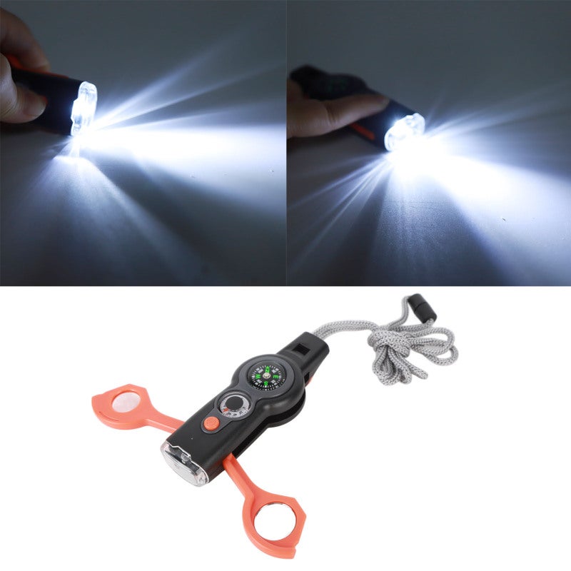 Emergency Survival Whistle Grayish White - Multi Function Outdoor Emergency Tool with Storage Tank High White LED Light Tinder Magnifying Glass Thermometer Compass Reflector Signal Mirror for Hiking C - Image 5