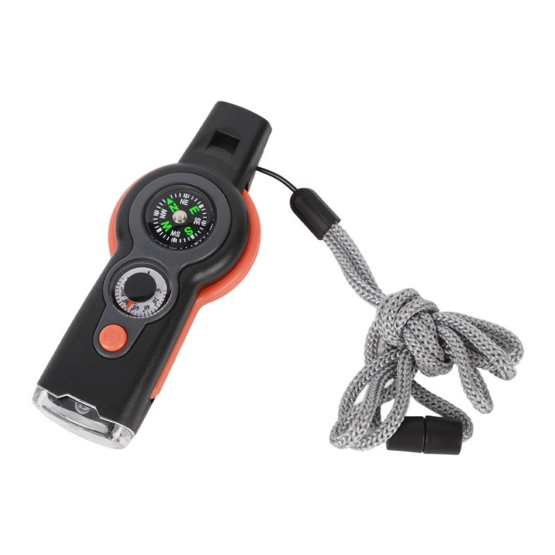 Emergency Survival Whistle Grayish White - Multi Function Outdoor Emergency Tool with Storage Tank High White LED Light Tinder Magnifying Glass Thermometer Compass Reflector Signal Mirror for Hiking C - Image 4