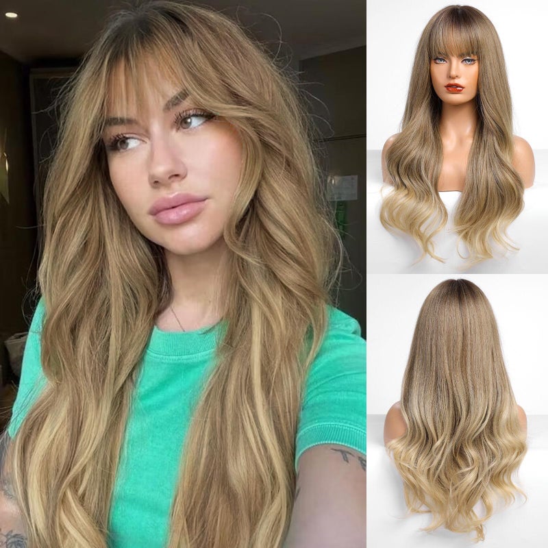 باروكة HAIRCUBE بطول 24 بوصة بلون أشقر رمادي باروكة طويلة ومجعدة للنساء مقاومة للحرارة باروكة صناعية للنساء البيض مع غرة