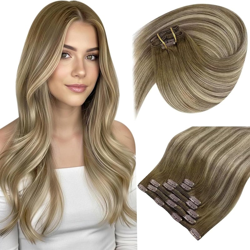 Sunny Hair مشبك شعر مشمس في وصلات شعر مستقيمة شعر بشري مشبك في وصلات شعر ريمي مشبك في وصلات شعر حقيقية مشبك في أومبري بني الجوز إلى بني فاتح أشقر 12 بوصة - Image 1
