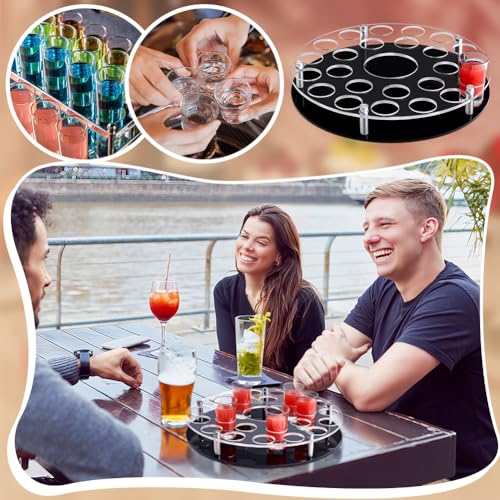 Peacoblue 25 Shot Glass Holder Tray with Heavy Base-Black, Clear Bar Circular Acrylic Cups Tray Holder Organizer with Central Bottle Slot Display Case for Parties, Clubs & Home Bars - Image 4