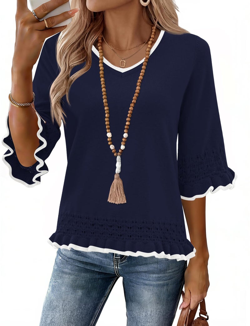 LOMON Navy Blue Sweater Women 2026 Spring Ruffle Sweaters Cute Half Sleeve Peplum Tops Dressy Casual Tunic White Edged L - Image 1