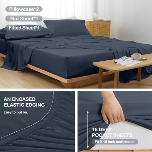 PANDATEX Dusty Blue Linen-Textured Bed Sheets Set, Bamboo Rayon , Cotton , Linen Blend Bed Sheets Queen Size, Soft Cool & Breathable for Hot Sleepers,Durable Natural Organic Bed 15'' Deep Pocket - 4 Piece - Image 3