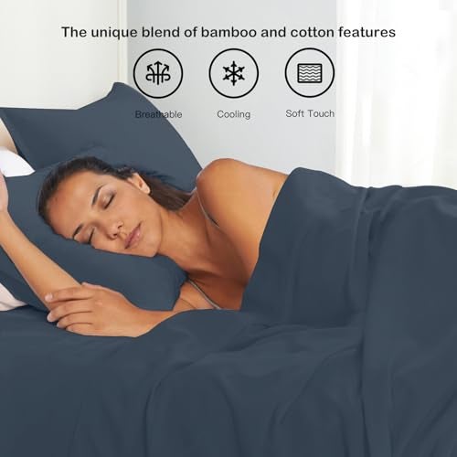 PANDATEX Dusty Blue Linen-Textured Bed Sheets Set, Bamboo Rayon , Cotton , Linen Blend Bed Sheets Queen Size, Soft Cool & Breathable for Hot Sleepers,Durable Natural Organic Bed 15'' Deep Pocket - 4 Piece - Image 5