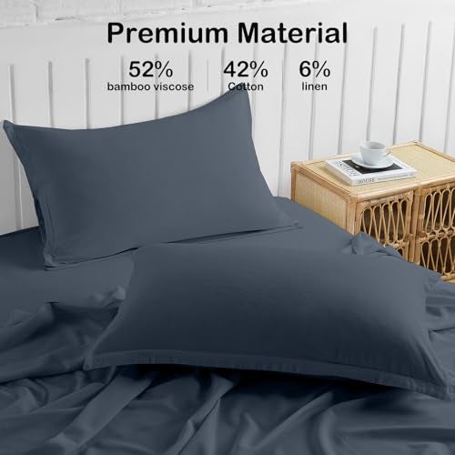 PANDATEX Dusty Blue Linen-Textured Bed Sheets Set, Bamboo Rayon , Cotton , Linen Blend Bed Sheets Queen Size, Soft Cool & Breathable for Hot Sleepers,Durable Natural Organic Bed 15'' Deep Pocket - 4 Piece - Image 4