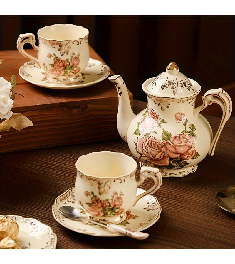 Flower Sea C Coffee Cup Set 1 Pot 4 Cups 4 Spoons 1 Plate Ceramic Teacup With Saucers Storage Rack For Home Office Afternoon Tea Garden - Image 2