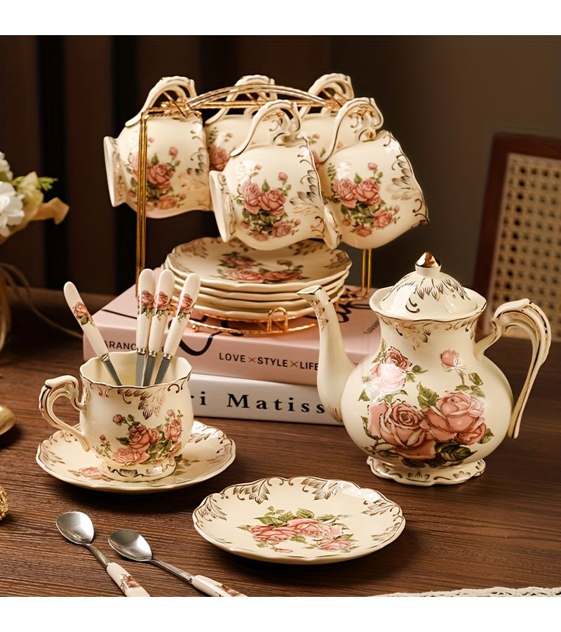 Flower Sea C Coffee Cup Set 1 Pot 4 Cups 4 Spoons 1 Plate Ceramic Teacup With Saucers Storage Rack For Home Office Afternoon Tea Garden - Image 1