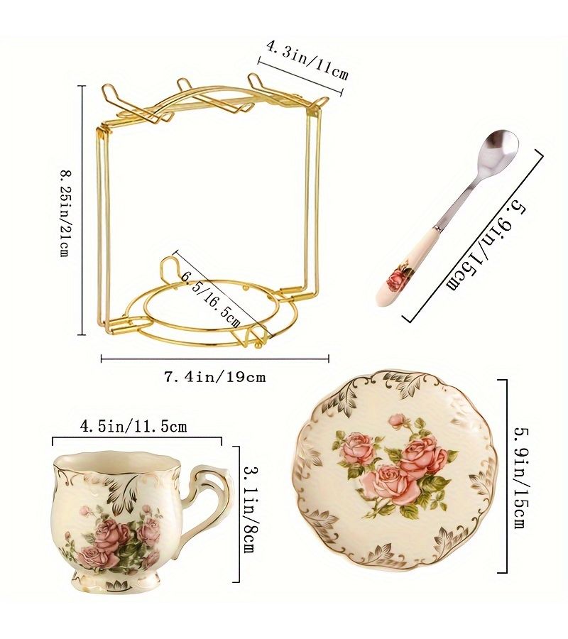 Flower Sea C Coffee Cup Set 1 Pot 4 Cups 4 Spoons 1 Plate Ceramic Teacup With Saucers Storage Rack For Home Office Afternoon Tea Garden - Image 3