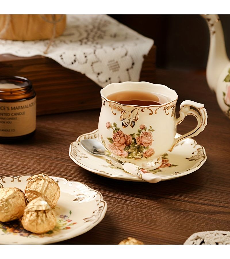 Flower Sea C Coffee Cup Set 1 Pot 4 Cups 4 Spoons 1 Plate Ceramic Teacup With Saucers Storage Rack For Home Office Afternoon Tea Garden - Image 5
