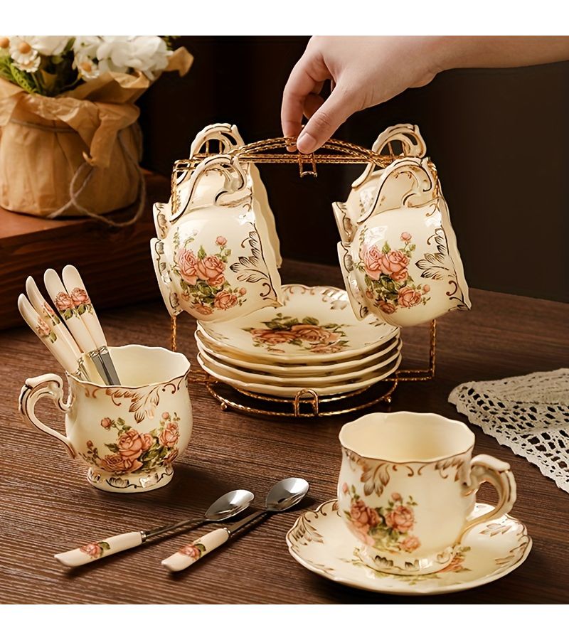 Flower Sea C Coffee Cup Set 1 Pot 4 Cups 4 Spoons 1 Plate Ceramic Teacup With Saucers Storage Rack For Home Office Afternoon Tea Garden - Image 4
