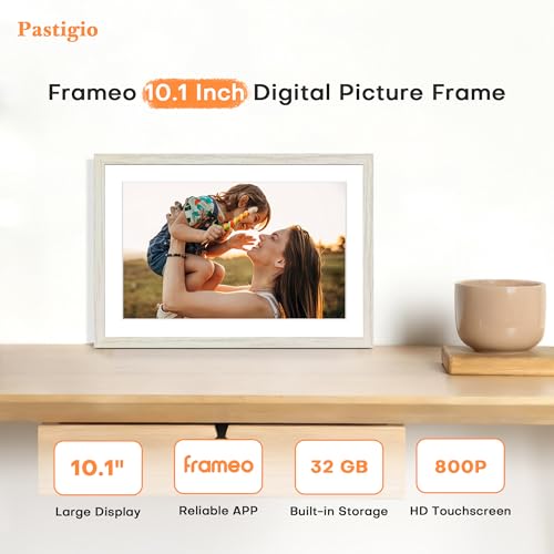 Pastigio 10.1 Inch Digital Picture Frame, 32GB Frameo Digital Frame WiFi, Digital Photo Frame 1280x800 HD Touch Screen, WiFi for Instant Sharing, Auto-Rotate, Wall Mountable, Gifts for Women, White Woodgrain - Image 2