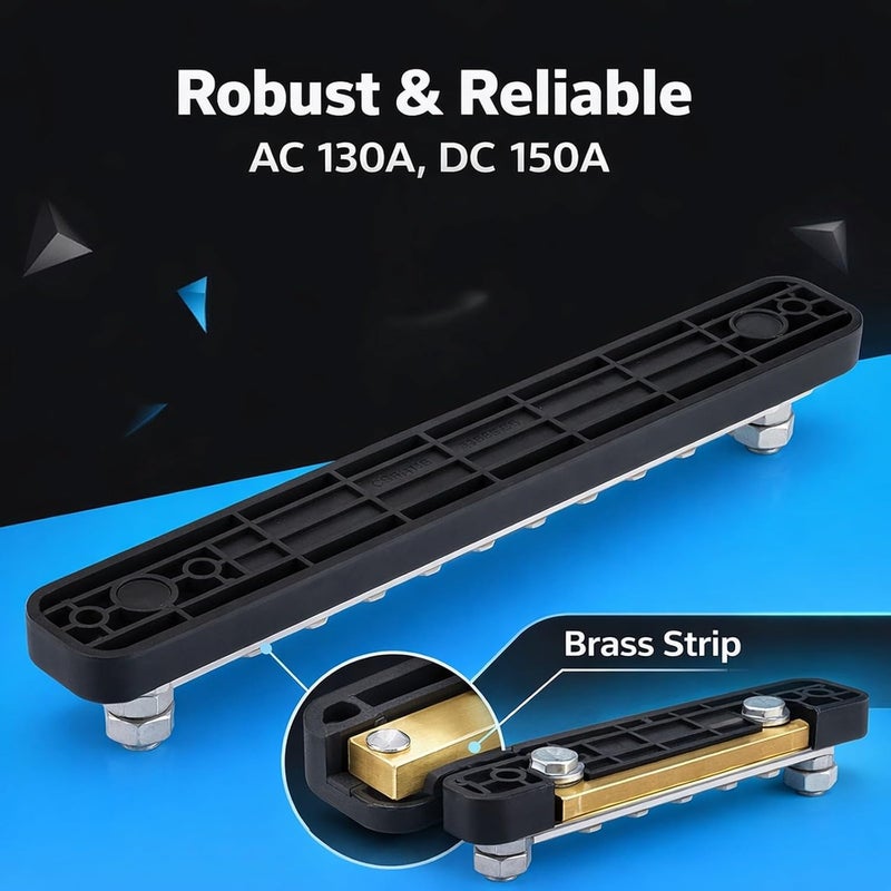20 Position 2 Stud Bus Bar Electric Terminal Junction Block, AC 130A DC 150A, Silver Black - High Current Brass Strip, Ideal for Trucks and Boats - Image 2