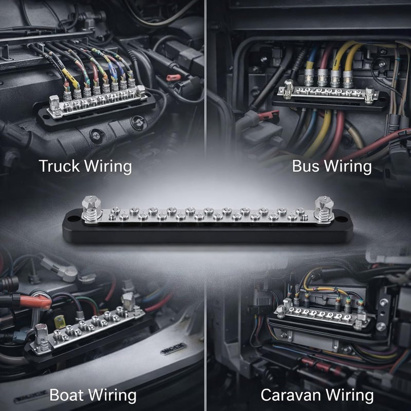 20 Position 2 Stud Bus Bar Electric Terminal Junction Block, AC 130A DC 150A, Silver Black - High Current Brass Strip, Ideal for Trucks and Boats - Image 4