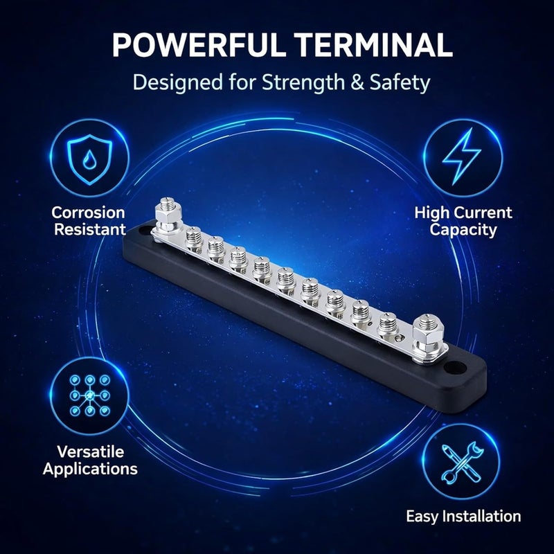20 Position 2 Stud Bus Bar Electric Terminal Junction Block, AC 130A DC 150A, Silver Black - High Current Brass Strip, Ideal for Trucks and Boats - Image 3