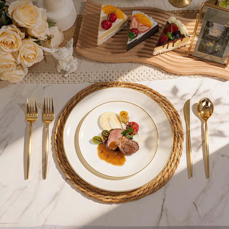 I00000 150Pcs Ivory Plastic Plates with Gold Rim,Nice Disposable plates,Gold Plastic Plates,Ivory Disposable Plates Set include 30 Dinner Plate,30 Dessert Plate,90 plastic Silverware Set for Party - Image 2