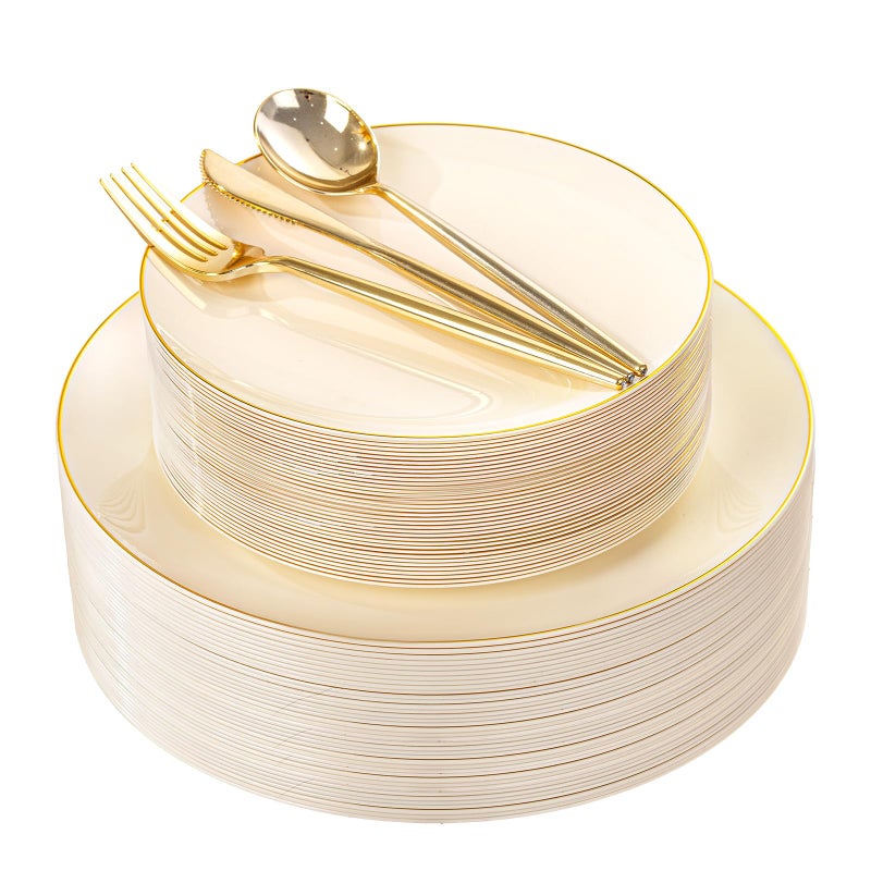 I00000 150Pcs Ivory Plastic Plates with Gold Rim,Nice Disposable plates,Gold Plastic Plates,Ivory Disposable Plates Set include 30 Dinner Plate,30 Dessert Plate,90 plastic Silverware Set for Party - Image 1