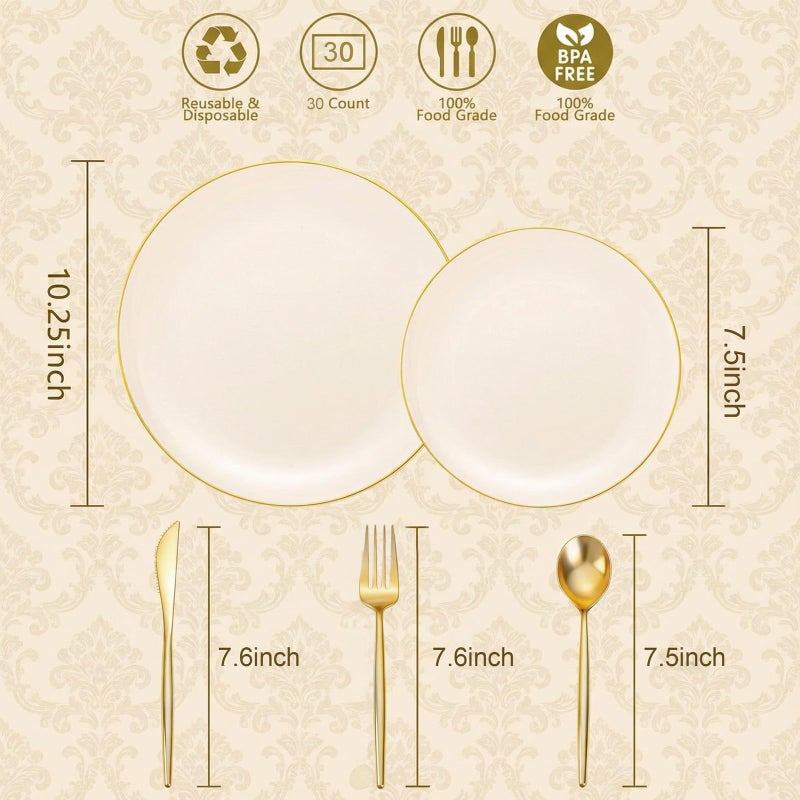 I00000 150Pcs Ivory Plastic Plates with Gold Rim,Nice Disposable plates,Gold Plastic Plates,Ivory Disposable Plates Set include 30 Dinner Plate,30 Dessert Plate,90 plastic Silverware Set for Party - Image 3