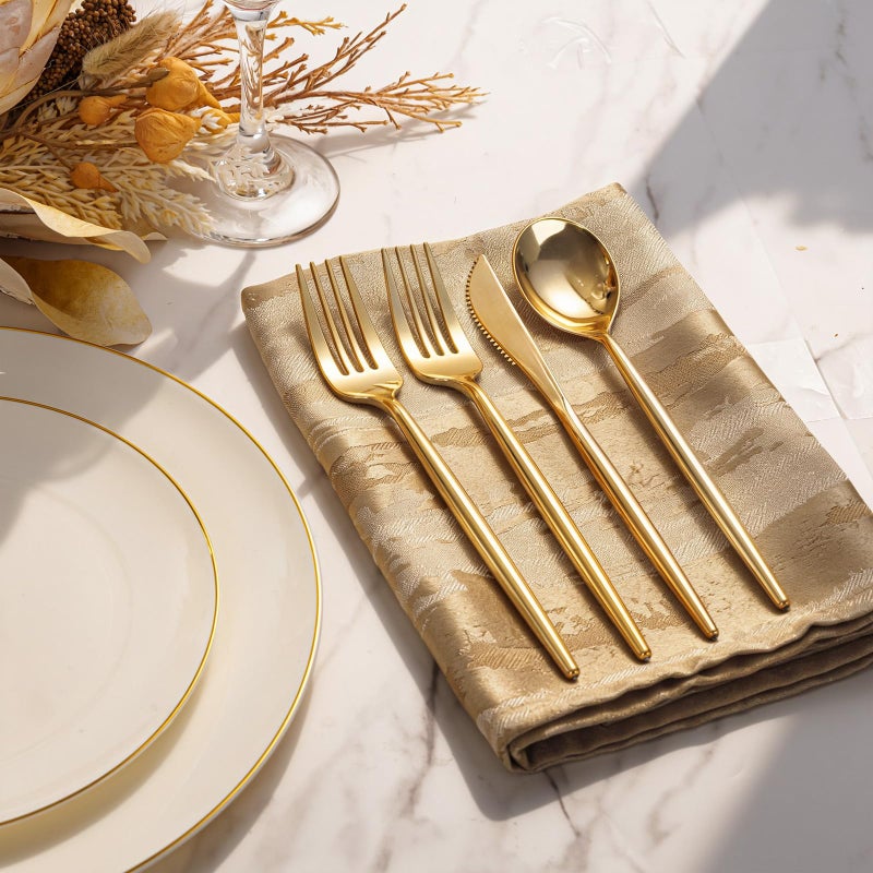 I00000 150Pcs Ivory Plastic Plates with Gold Rim,Nice Disposable plates,Gold Plastic Plates,Ivory Disposable Plates Set include 30 Dinner Plate,30 Dessert Plate,90 plastic Silverware Set for Party - Image 4